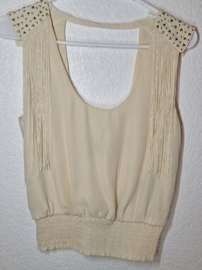 BEBE Cream Chiffon Fringe Studded Smocked Waist Crop Top Tank Blouse M (60NFU102